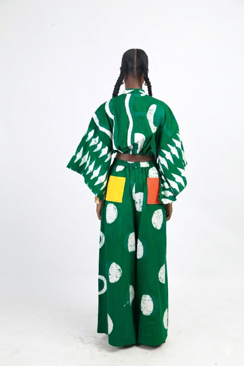 WHITE AND GREEN MULTIPRINT WIDE LEG PANTS