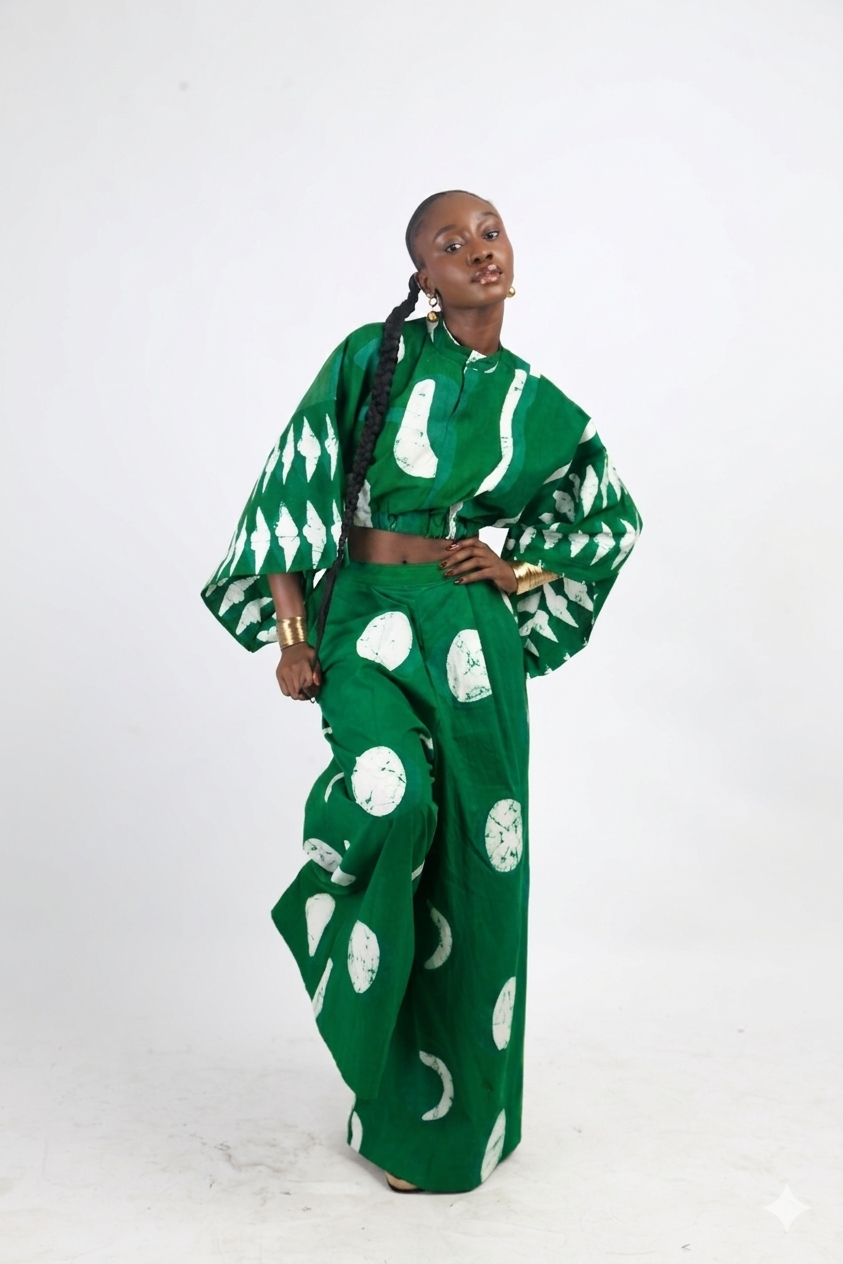 WHITE AND GREEN MULTIPRINT CROP TOP WITH KIMONO SLEEVES