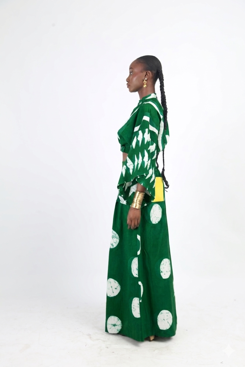WHITE AND GREEN MULTIPRINT WIDE LEG PANTS