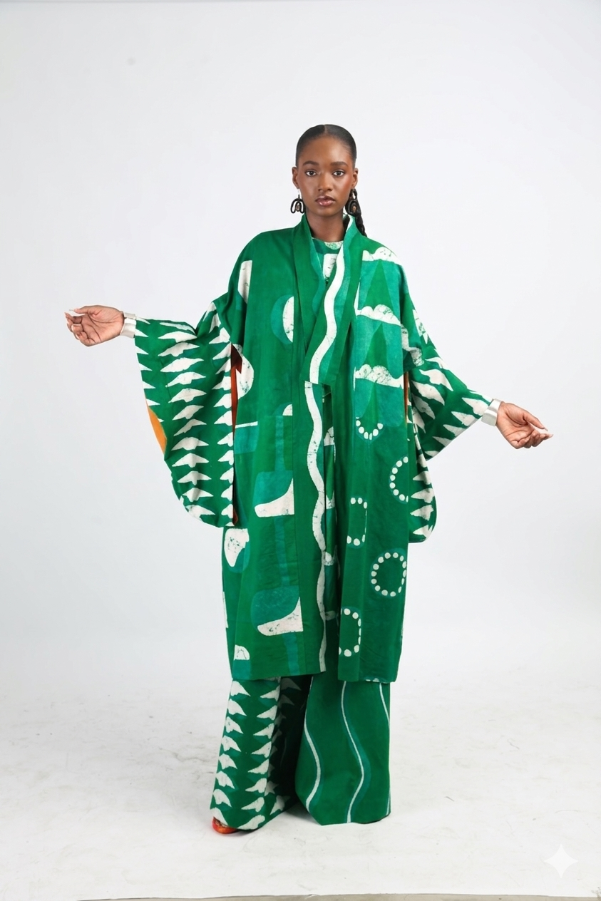 WHITE AND GREEN MULTIPRINT CLASSIC KIMONO