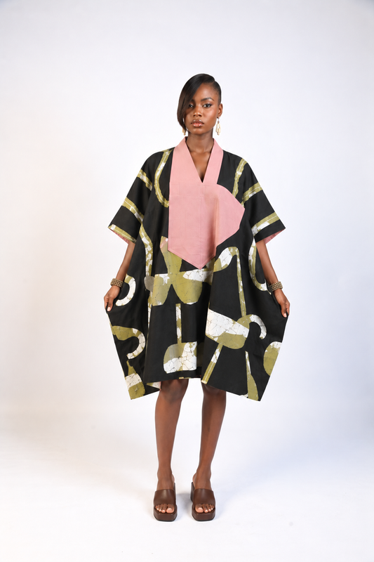 WHITE, OLIVE AND BLACK MULTIPRINT MINI AGBADA WITH ASOOKE