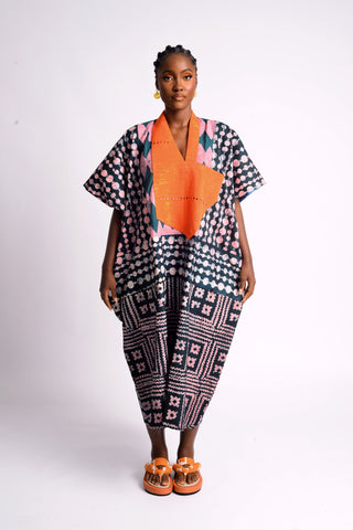 MULTICOLOURED MAXI AGBADA WITH BLUE AND WHITE PRINT BOTTOM