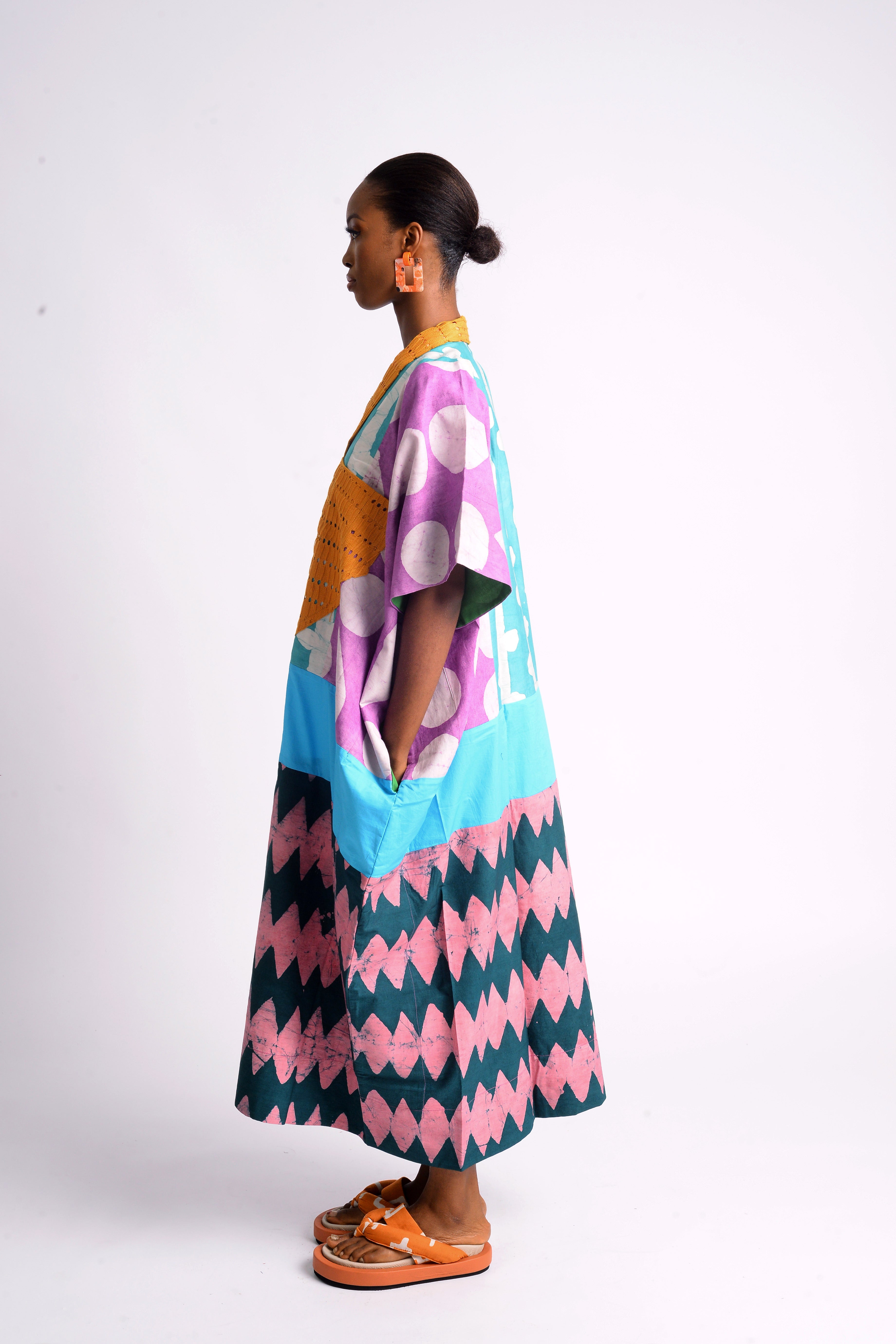 MULTICOLOURED MIDI AGBADA WITH GREEN AND PINK BOTTOM