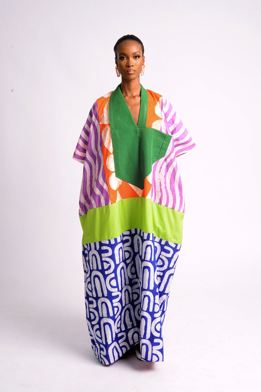 MULTICOLOURED AGBADA WITH BLUE AND WHITE PRINT BOTTOM