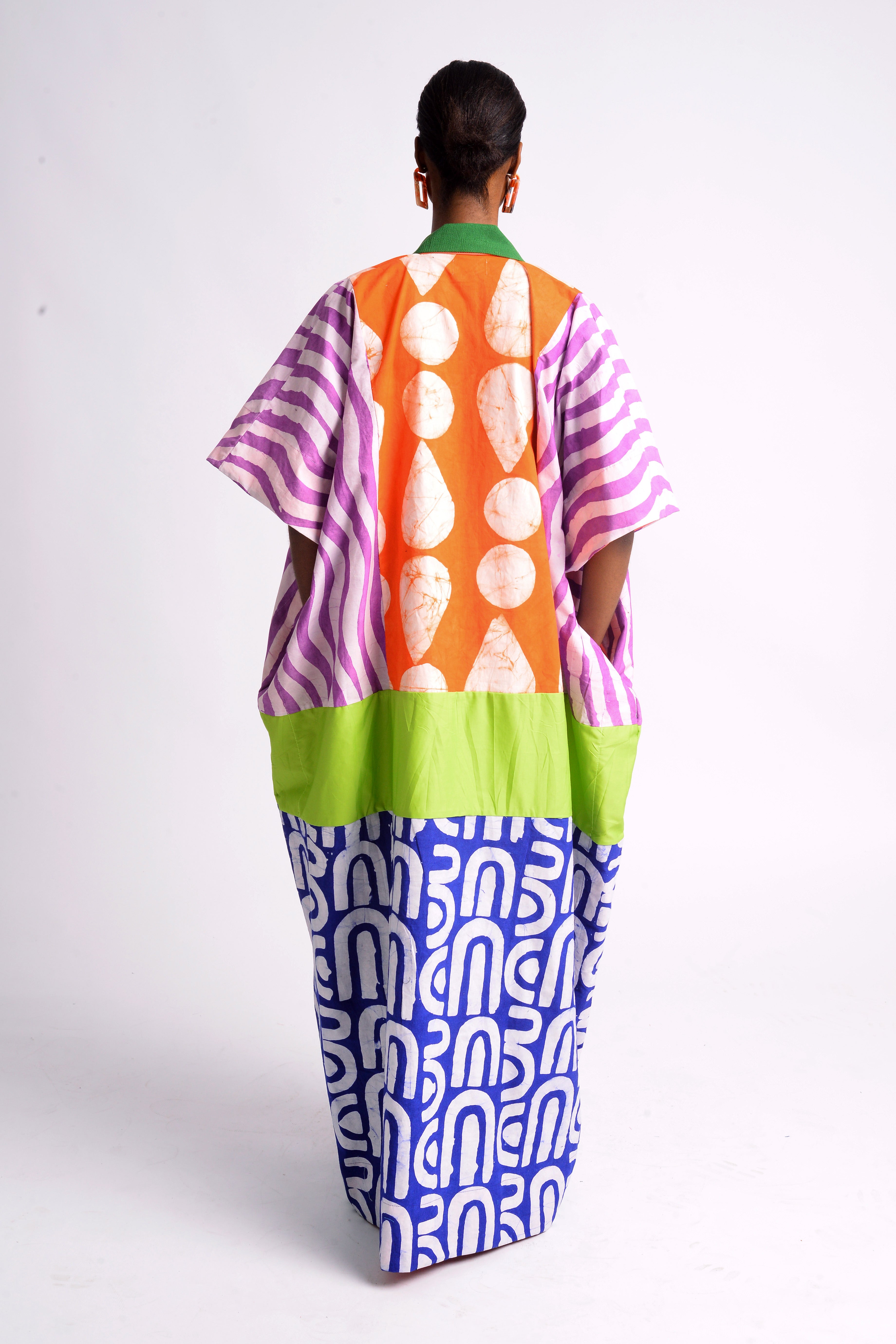 MULTICOLOURED MAXI AGBADA WITH BLUE AND WHITE PRINT BOTTOM