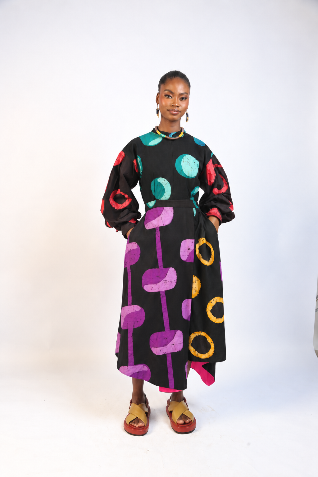 GREEN AND MAGENTA  MULTICOLOURED LONG SLEEVE MIDI IRO DRESS