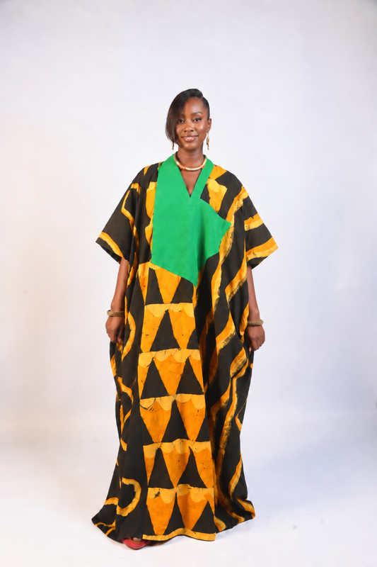 GOLDEN YELLOW AND BLACK MULTIPRINT AGBADA WITH ASOOKE