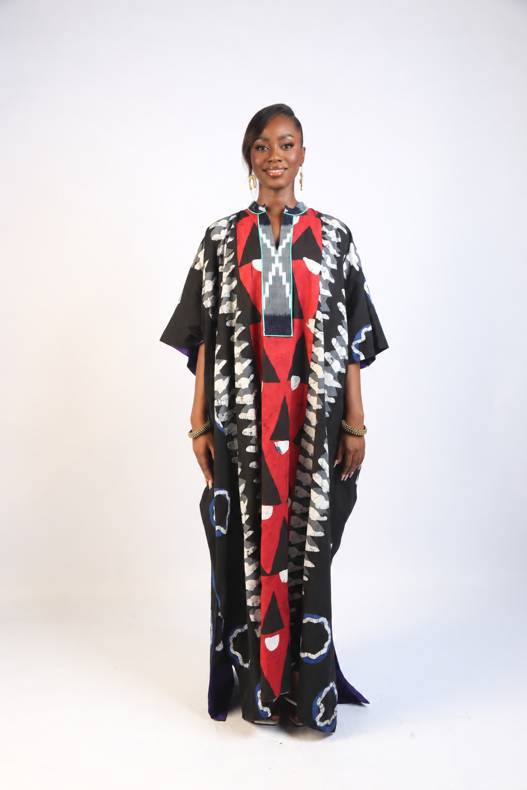 RED, BLUE AND KHAKI MULTICOLOURED JALABIYA WITH BAULEKITA AND SEAGREEN OUTLINE