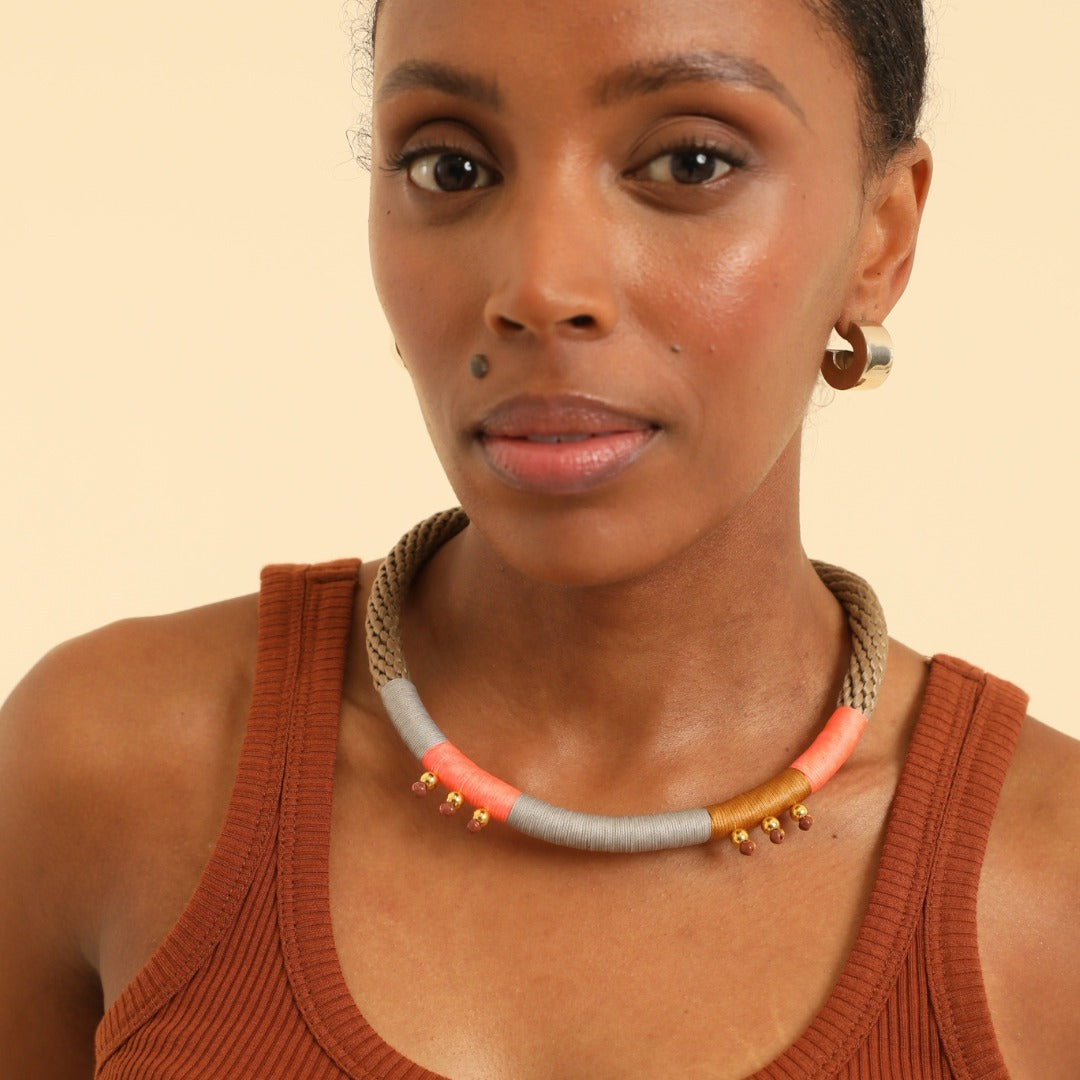 HIBISCUS NECKLACE BEIGE GREY WATERMELON PINK
