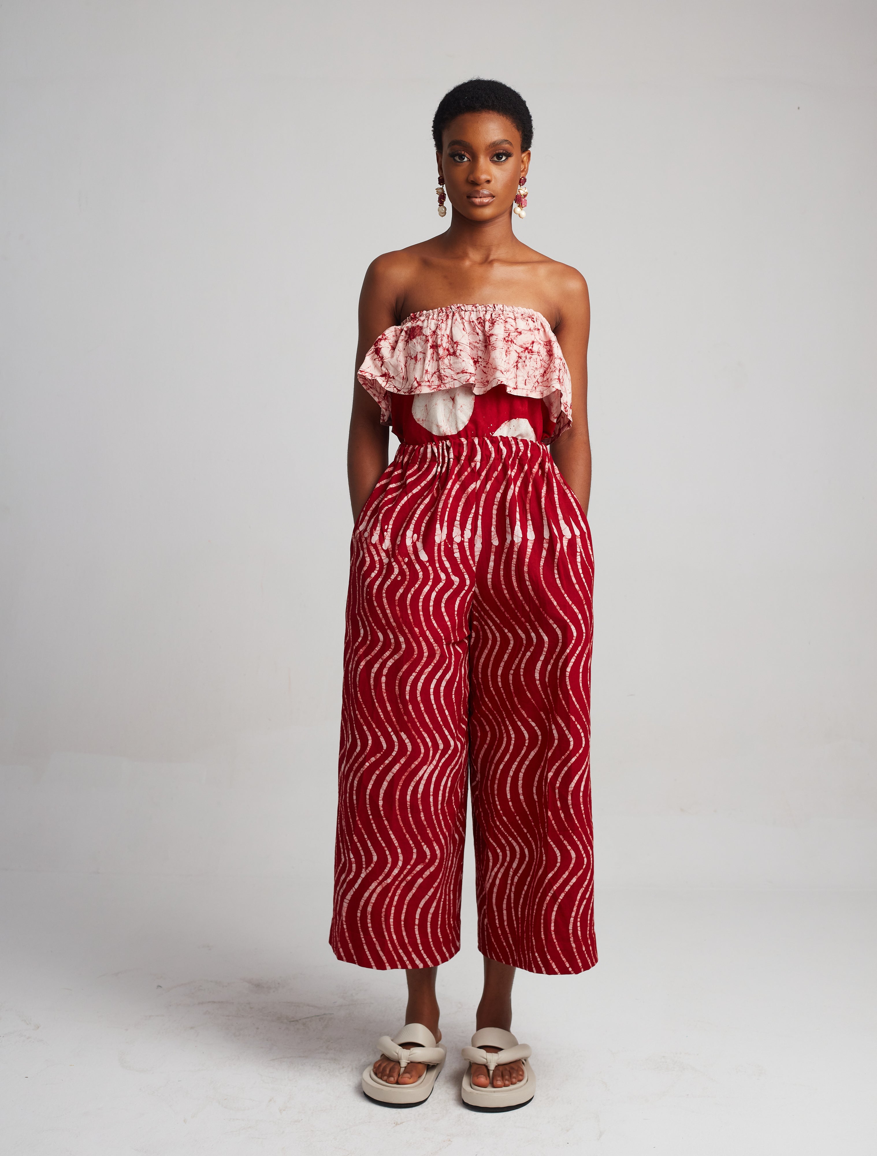 Red and White wide leg  striped culottes with aso oke back pockets